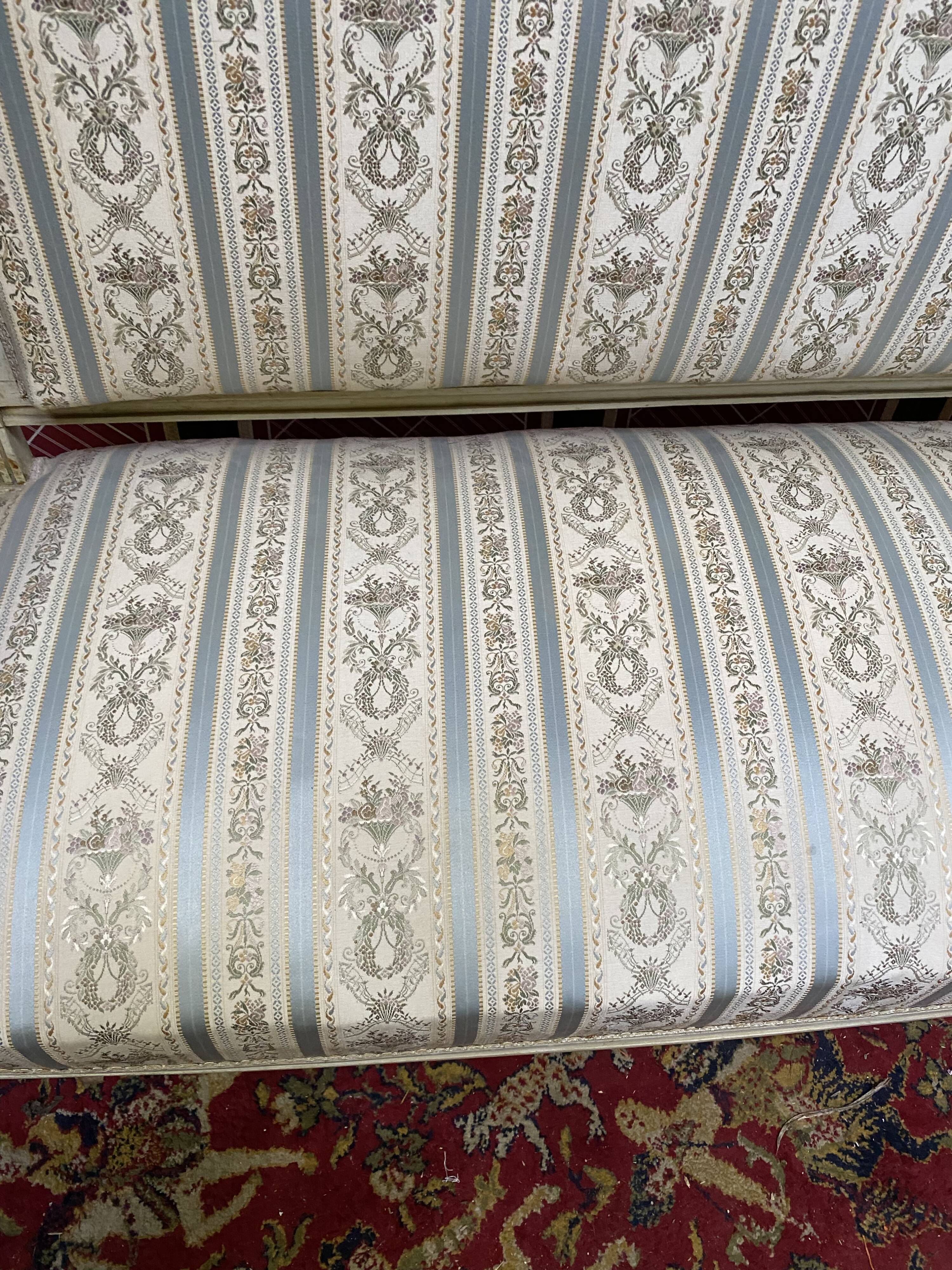 Louis XVI style bench carved with original fabrics and silks