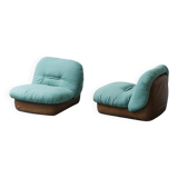 Pair of Saporiti armchairs in fabric and leather, 1970s vintage modernism