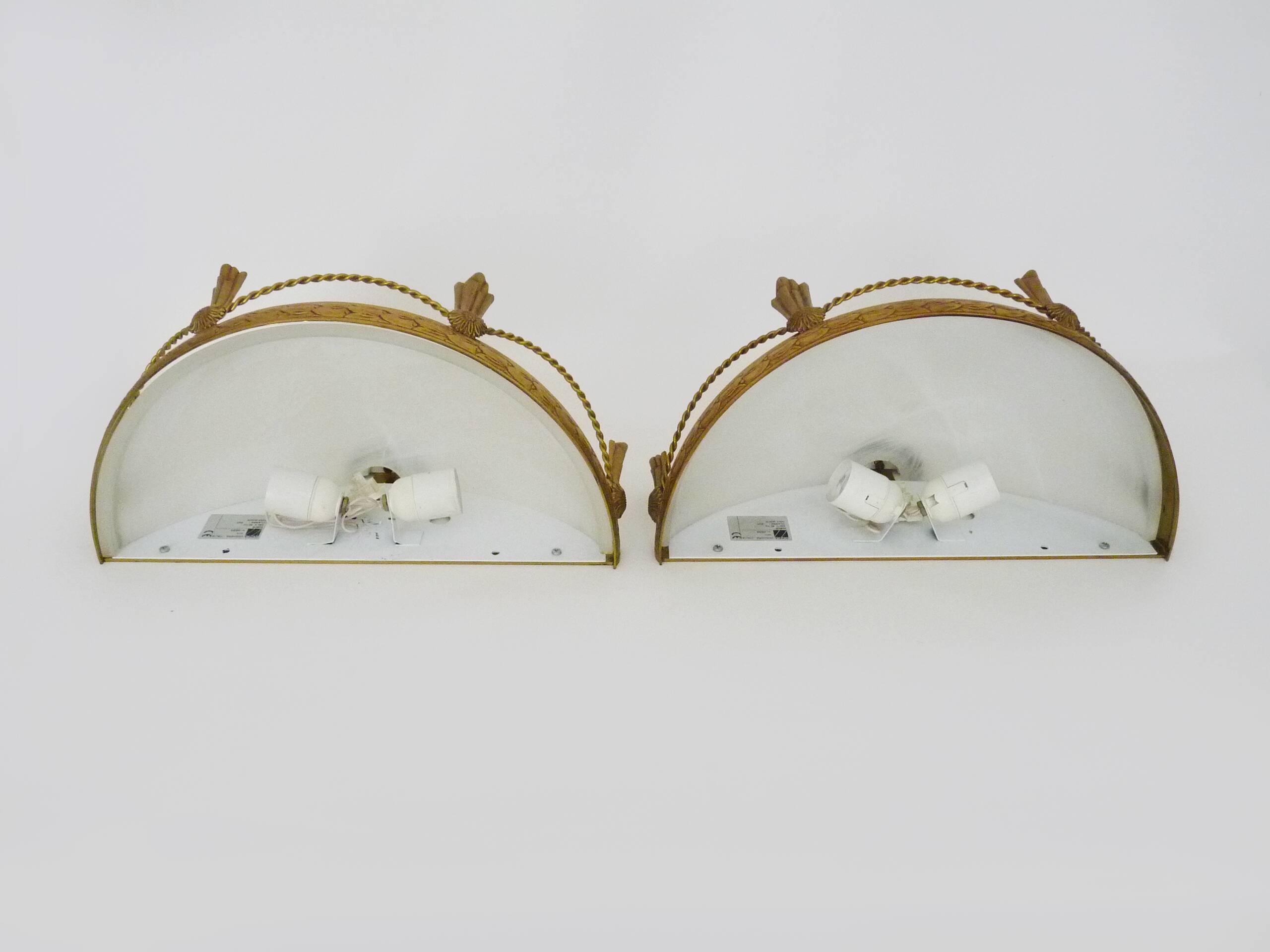 Large pair of half-moon wall lights in brass and glass maison zonca