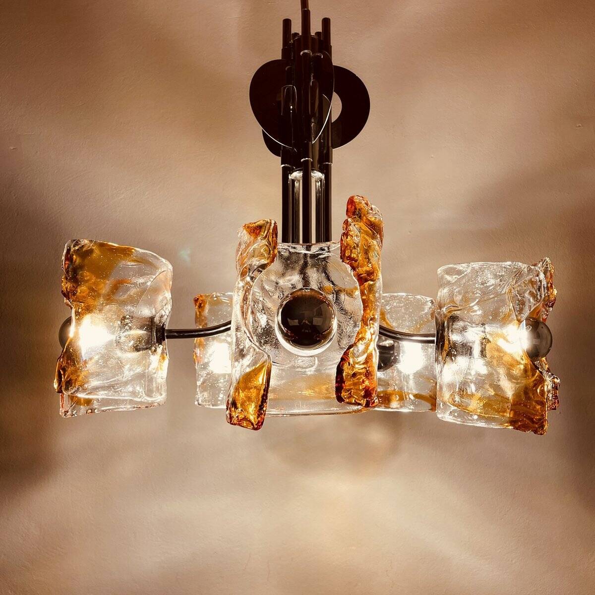 Mid-century chandelier in amber Murano and chrome by Toni Zuccheri for Mazzega, Italy, 1970s.