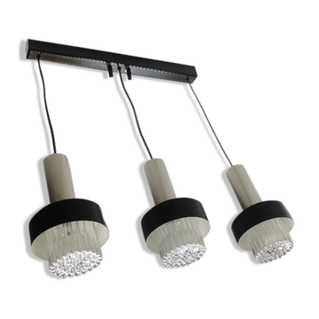 Mid century modern 3-light pendant lamp glass and chrome and black metal 1960s