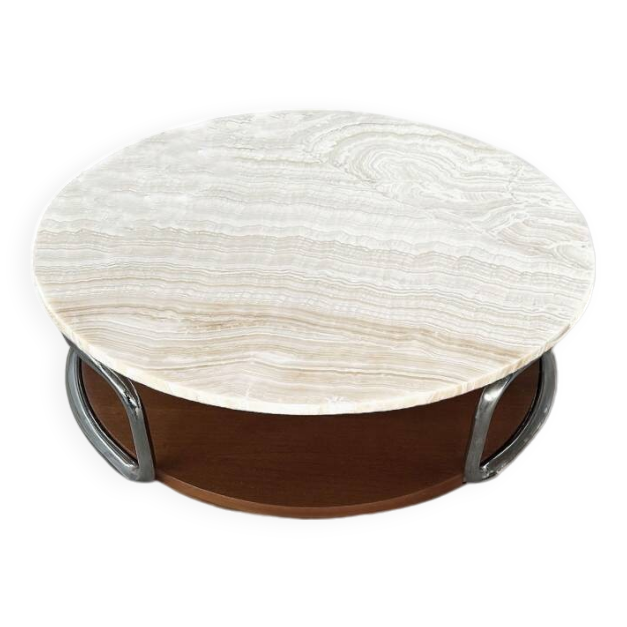 Table basse vintage onyx ivoire chrome et bois