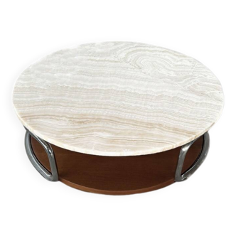 Table basse vintage onyx ivoire chrome et bois