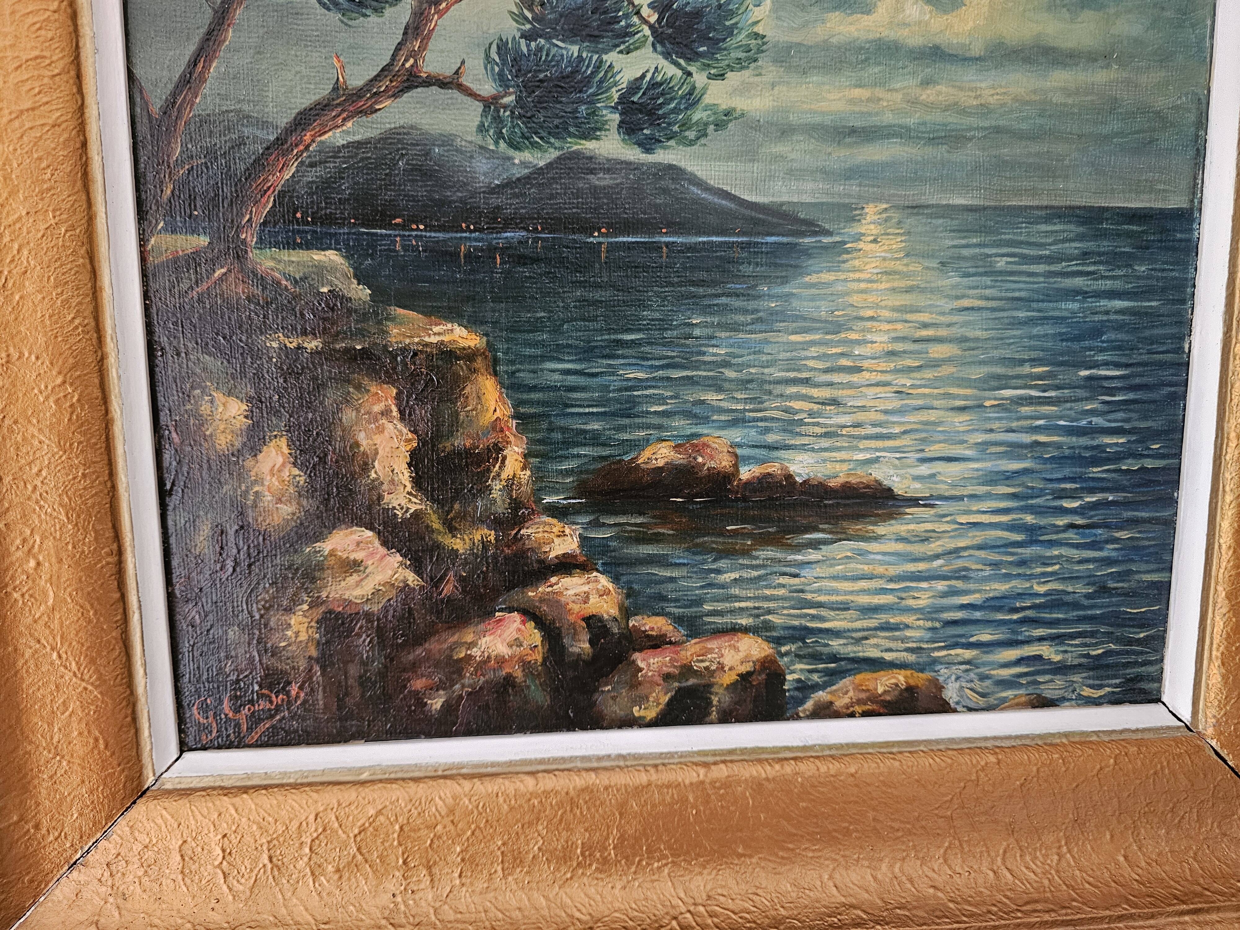 Oil on Panel - Marine Mediterranean Landscape at Night G Goudon