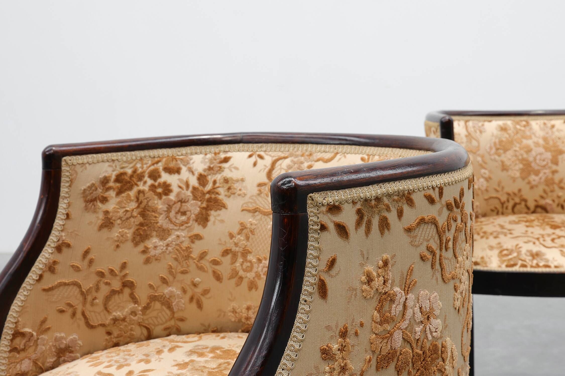 Pair of Ebonised Tub Armchairs with Floral Upholstery, France, Circa 1900