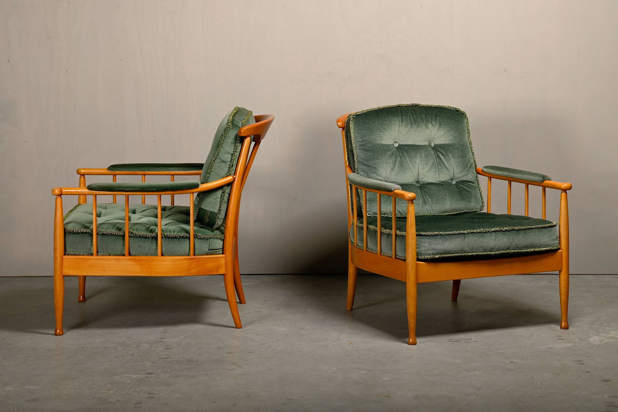 Kerstin Hörlin-Homquist Skrindan Armchairs in Beech and Green Velvet, Swede