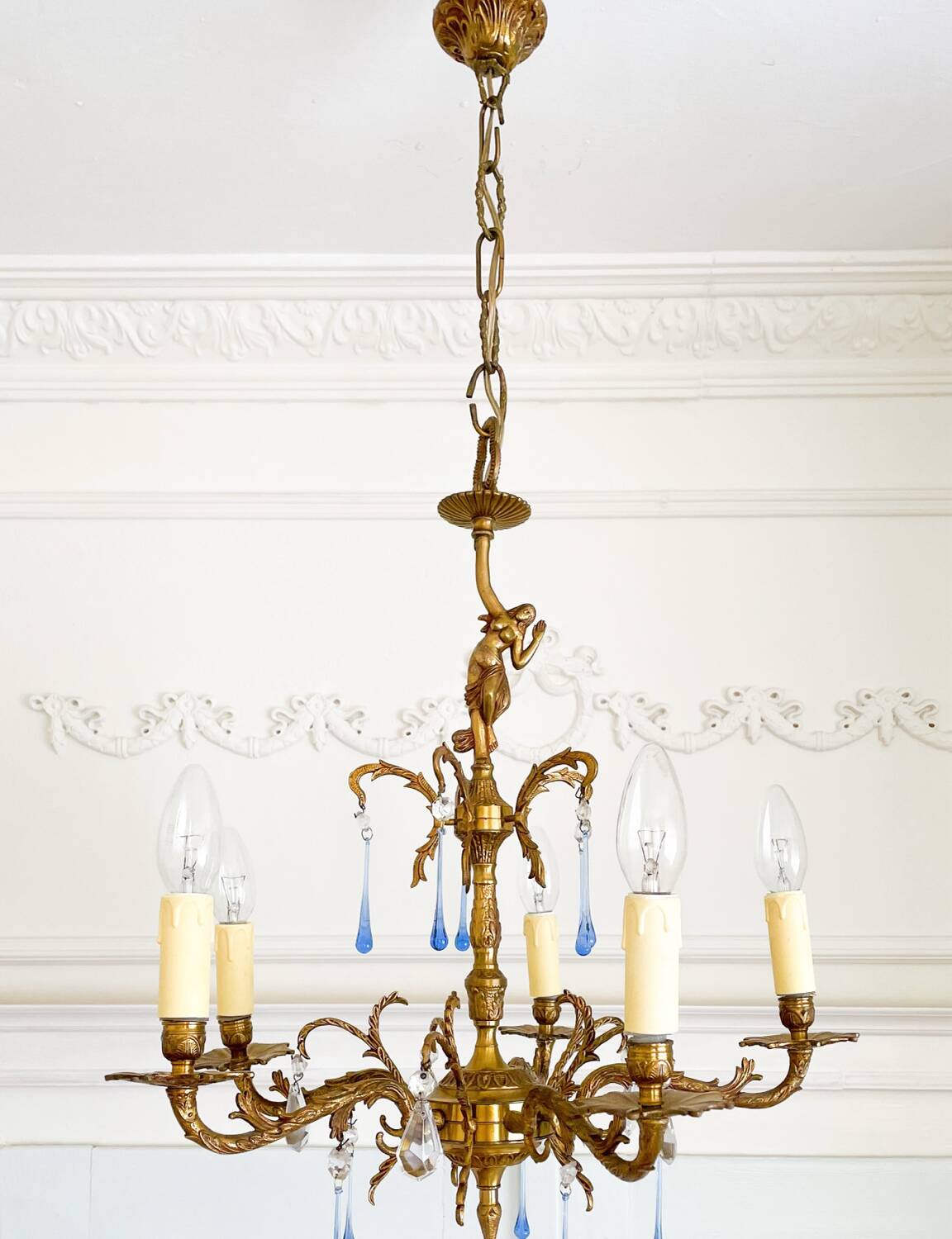 Élégant lustre vintage en bronze avec pampilles Murano bleu saphir – 5