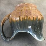 Vintage pitcher in glazed stoneware with bluish drip effect signed and numbered