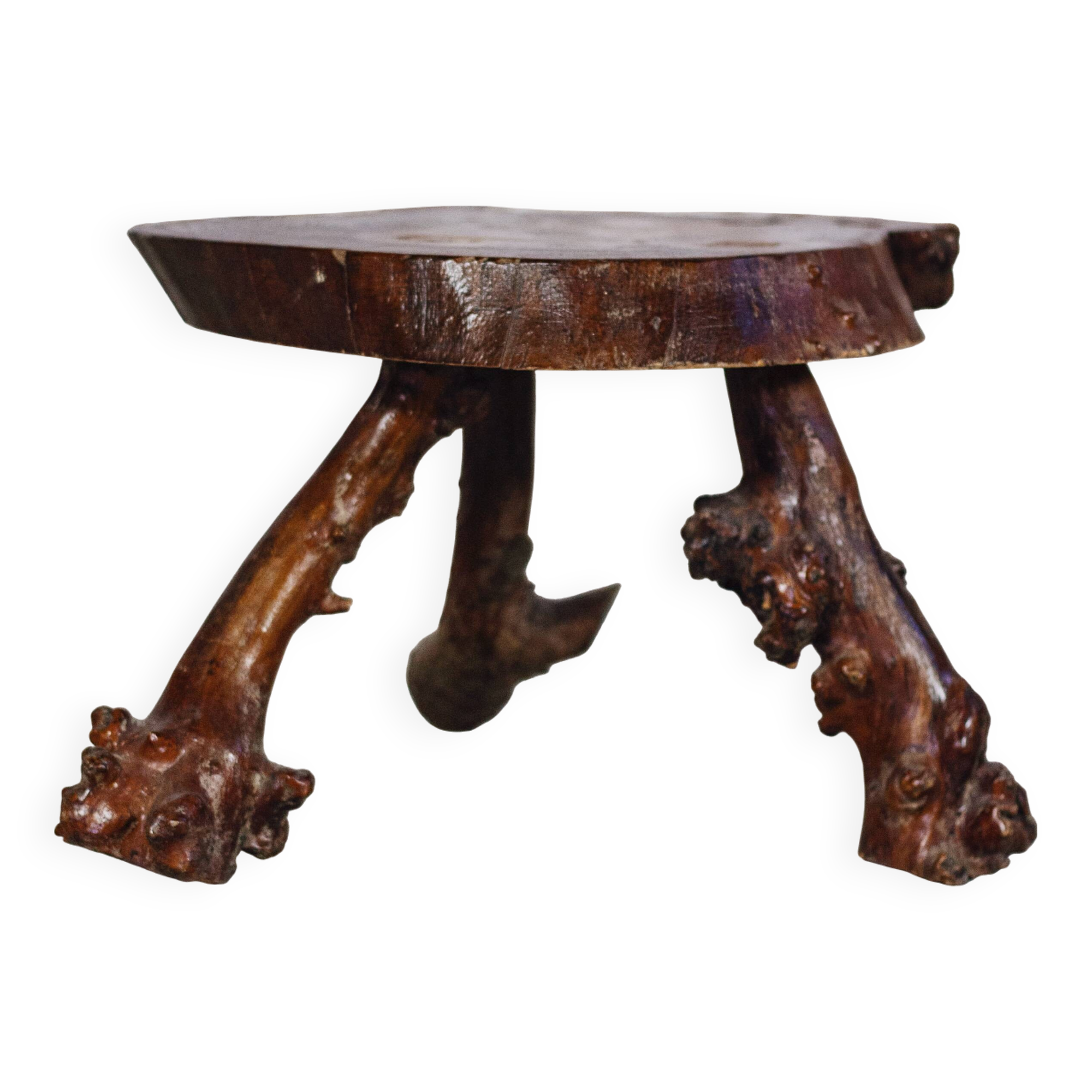 Brutalist solid wood tripod side table