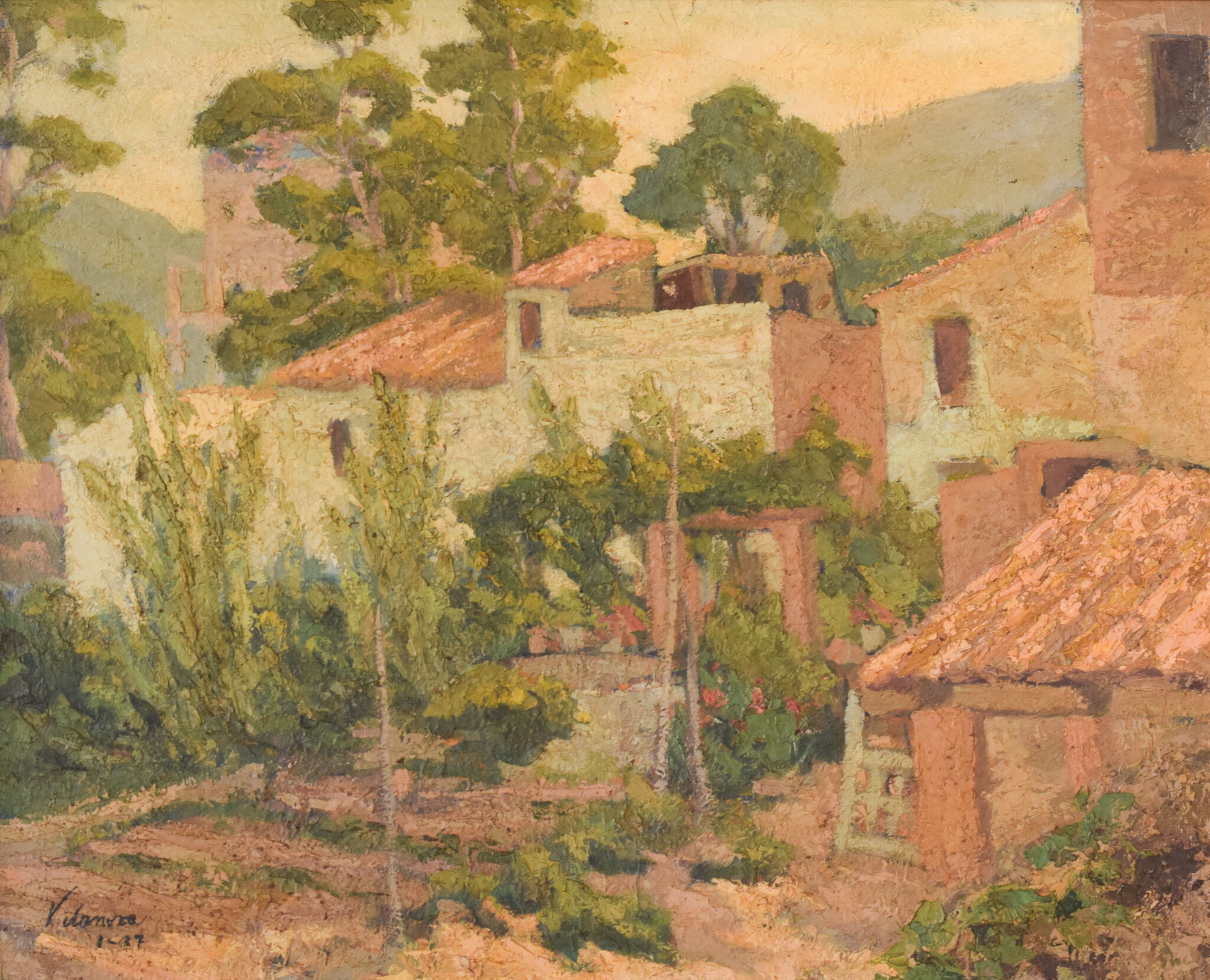 Impressionist painting of villas and garden