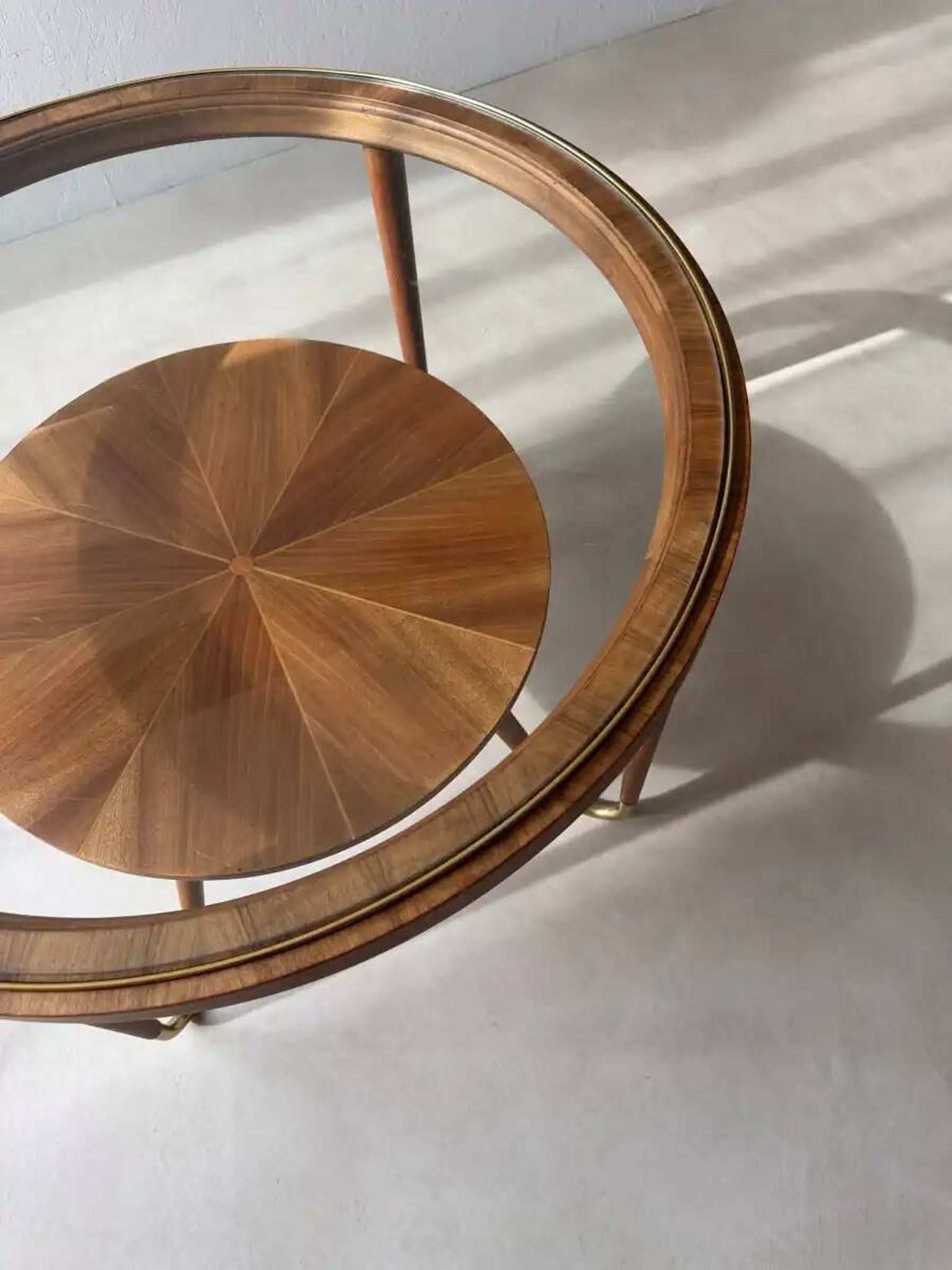 Round walnut coffee table with glass by Ilse Möbel