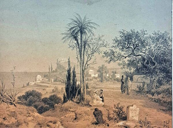 Tableau orientaliste XIXème siècle - paysage d’Algérie - dessin monogrammé