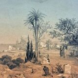 19th century orientalist painting - Algerian landscape - monogrammed drawing
