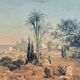 Orientalist table from the 19th century - landscape of Algeria - monogrammed drawing
