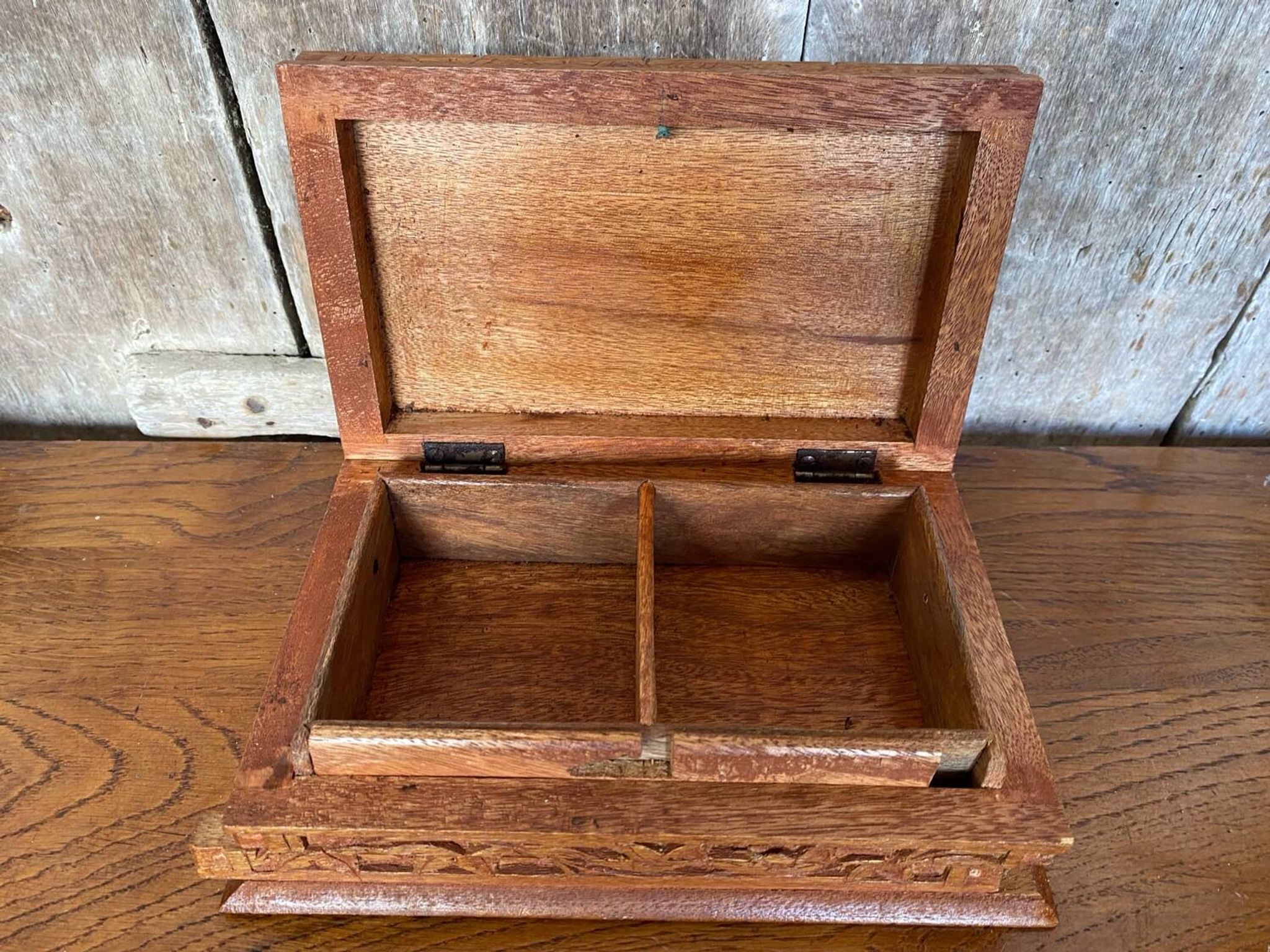 Antique Secret Jewelry Box Carved Walnut Wood 2 Compartments Vintage