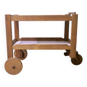Brutalist Scandinavian bar cart / serving trolley in solid oak, 1950s