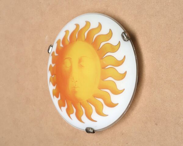 Applique murale ou plafonnier rond, soleil jaune verre opaque, années 80