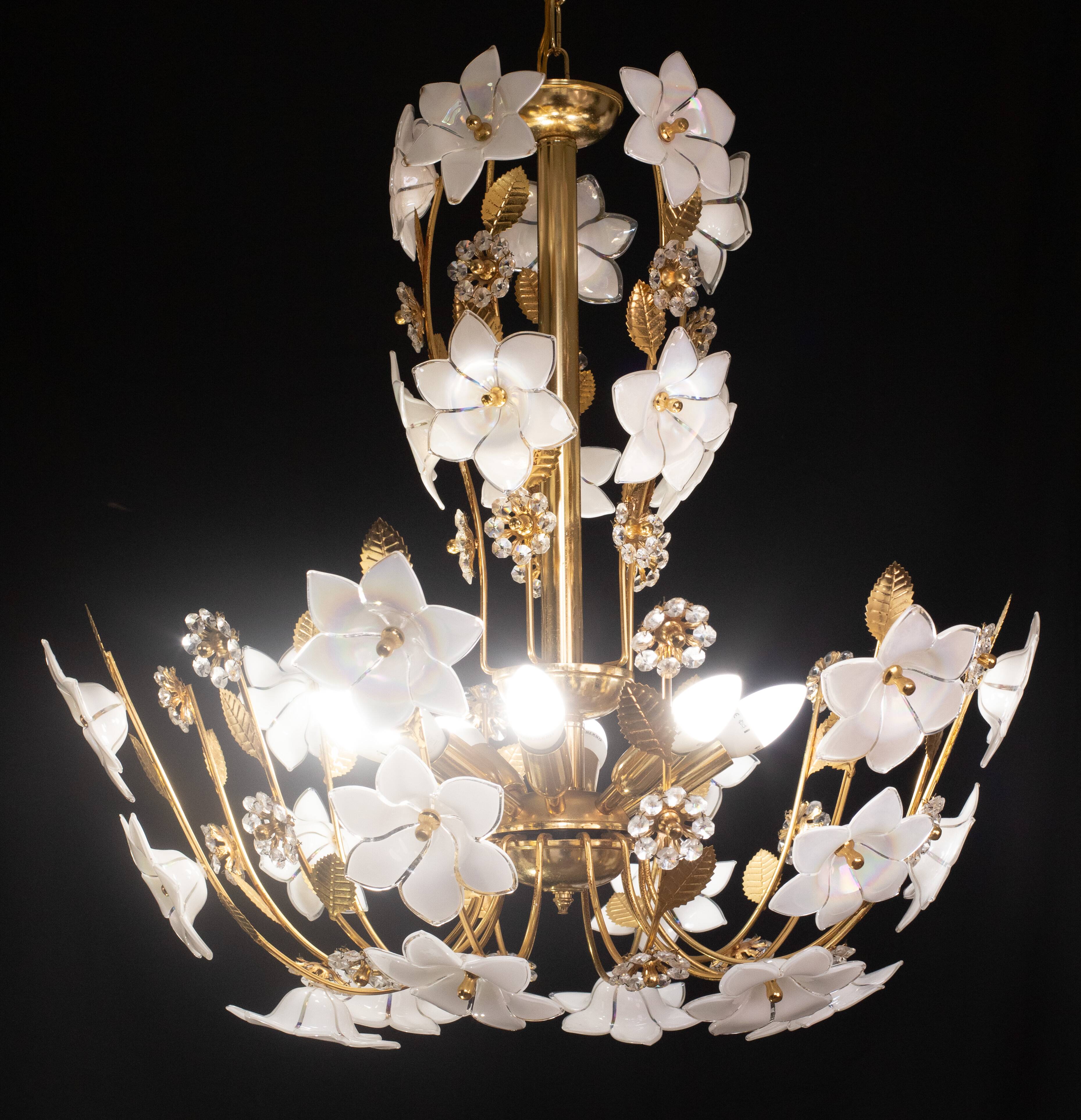 Large Size Vintage Murano Glass Chandelier White Flowers, 1970
