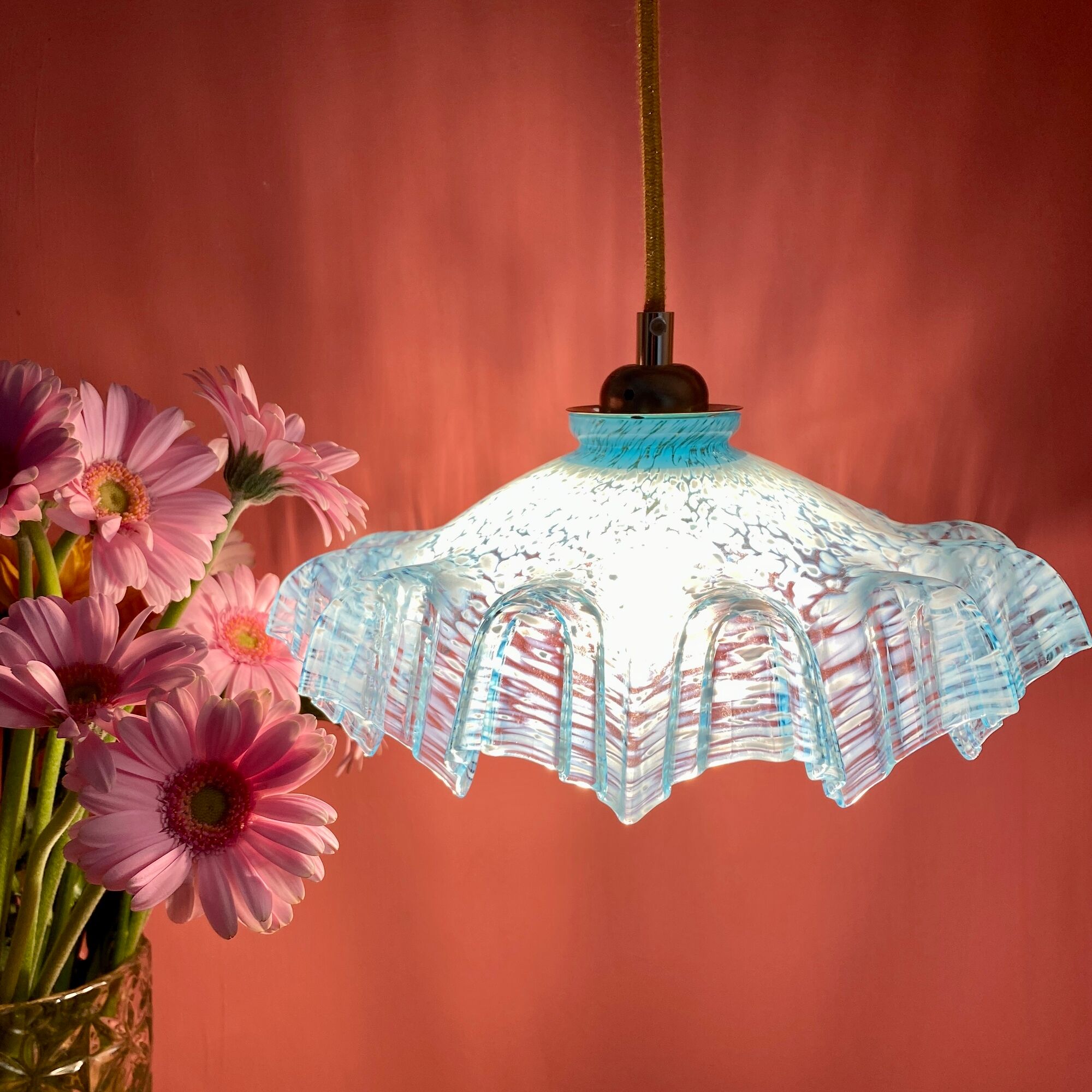 Vintage aabt-jour pendant lamp in blue Clichy glass