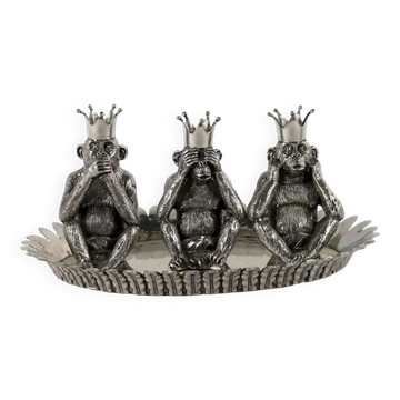 Ensemble plateau et salière-poivrière vintage, design Piero Figura, étain, années 1980-1990