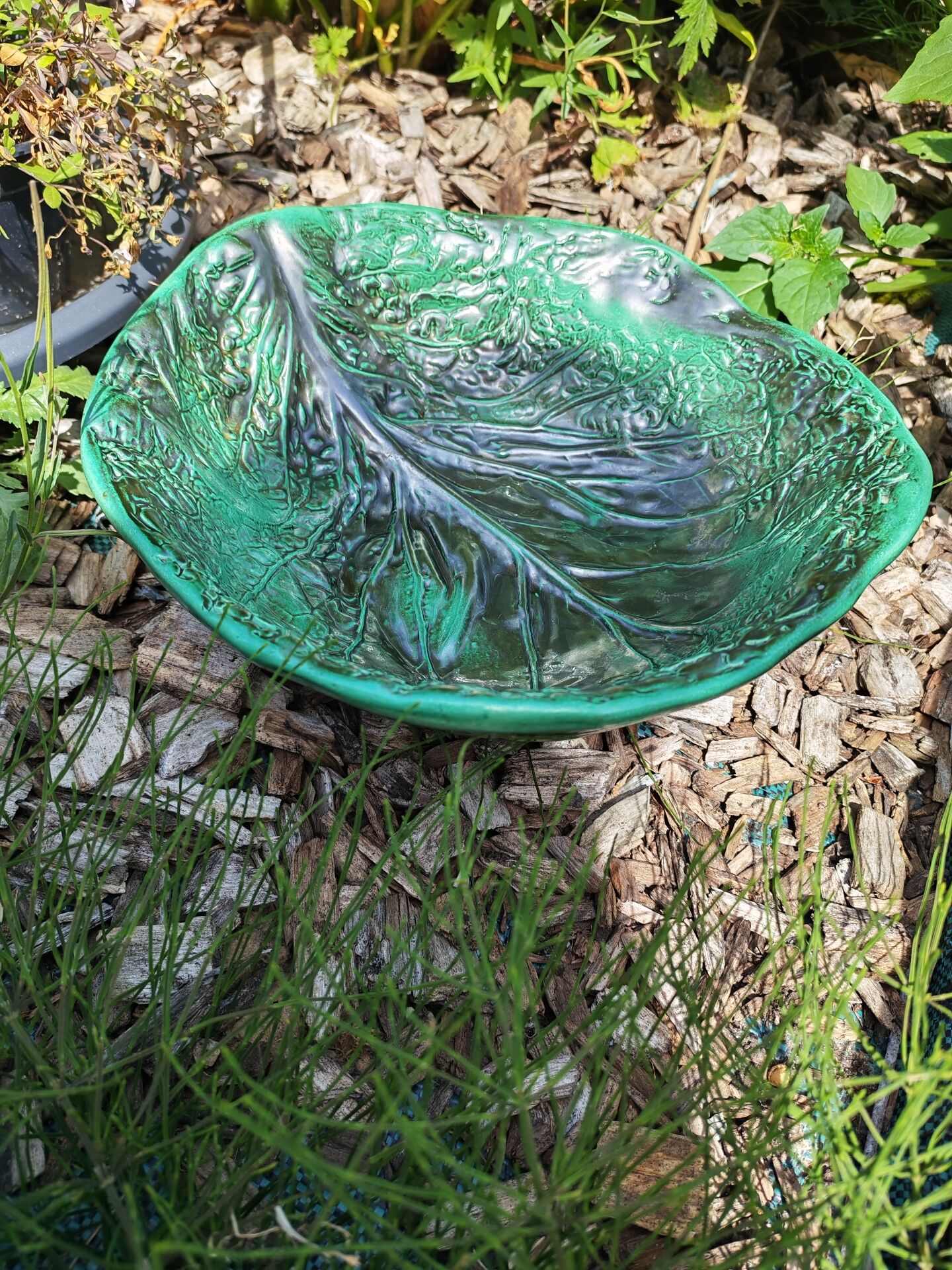 Vintage cabbage leaf earthenware salad bowl