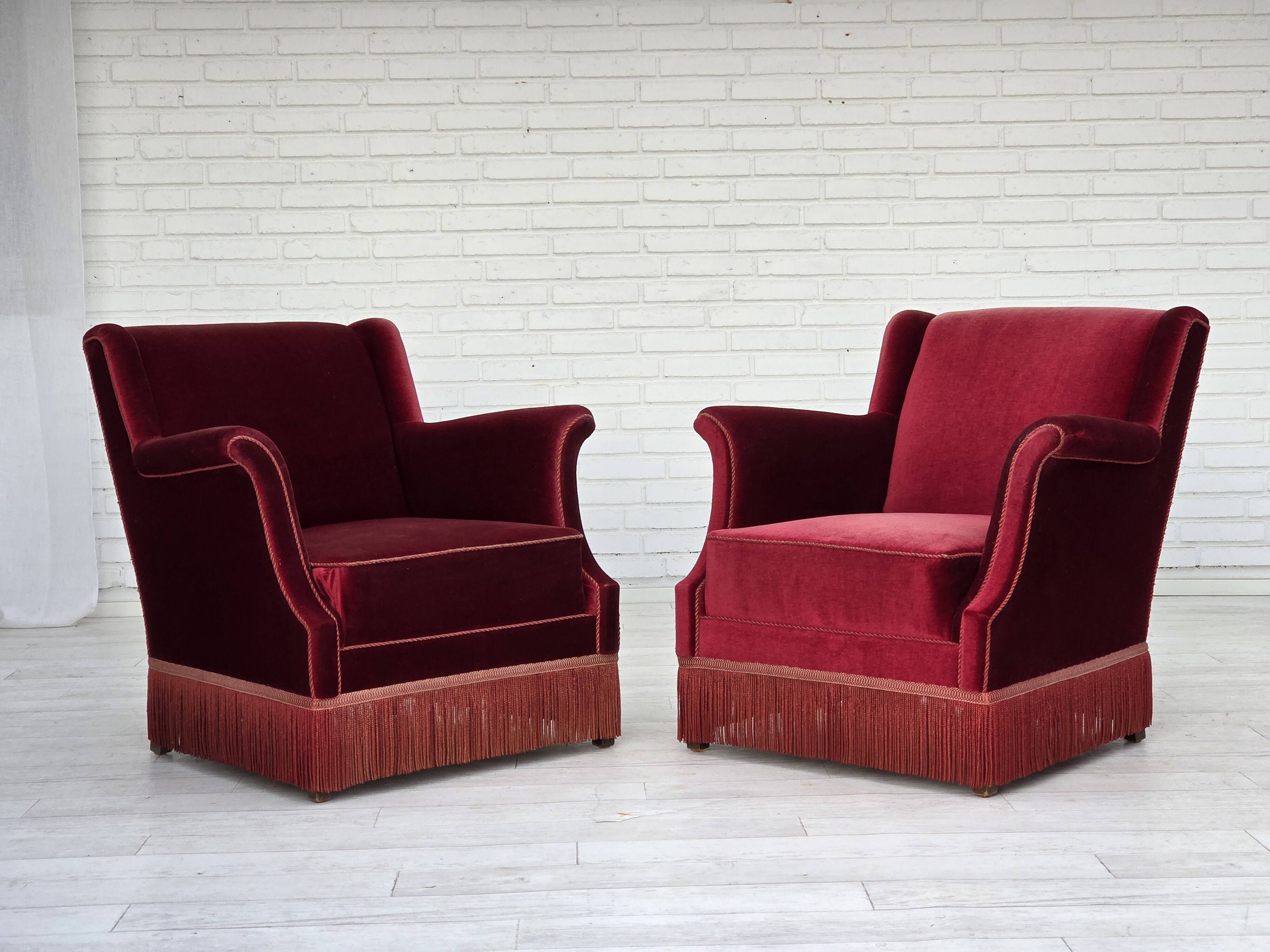 1960s, Danish armchair, cherry-red furniture velour, ash wood, original.