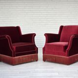 1960s, Danish armchair, cherry-red furniture velour, ash wood, original.