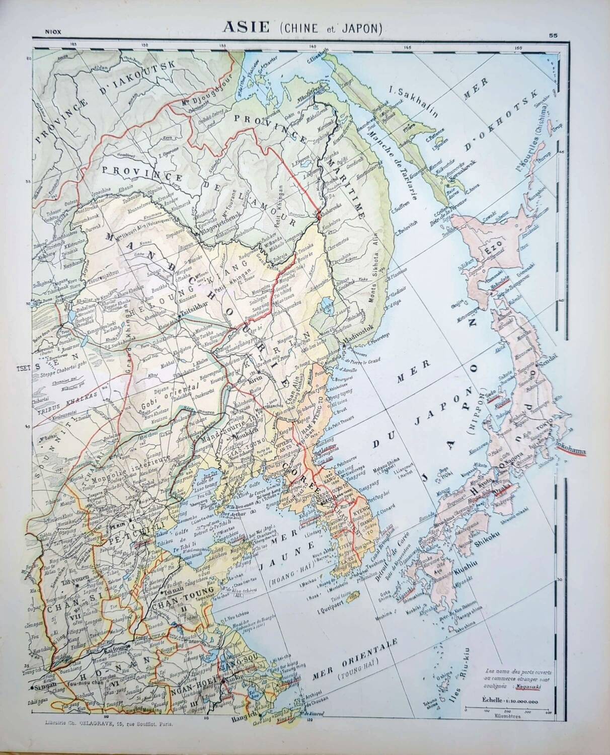 Planche géographique imprimée en 1900 l'Asie, Chine et Japon