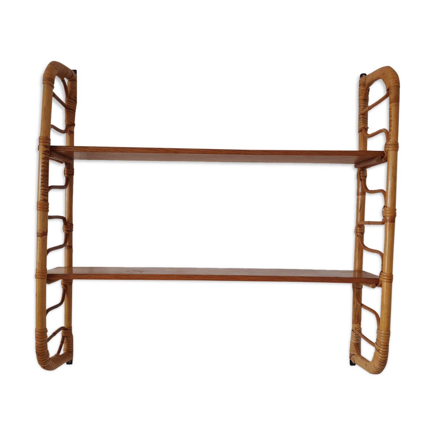 Wall shelf double modular rattan & vintage wood 50s