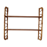 Wall shelf double modular rattan & vintage wood 50s