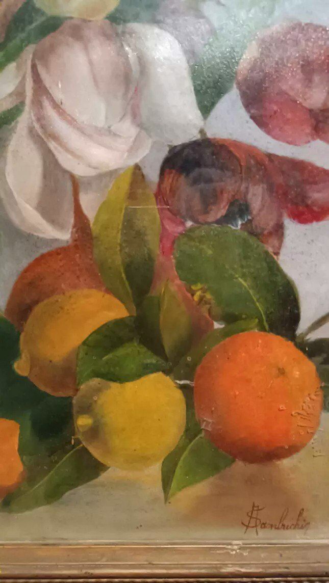 Tableau De La Fin Du 19ème Siècle, Signé, Fleurs, Citrons, Oranges. 67x43