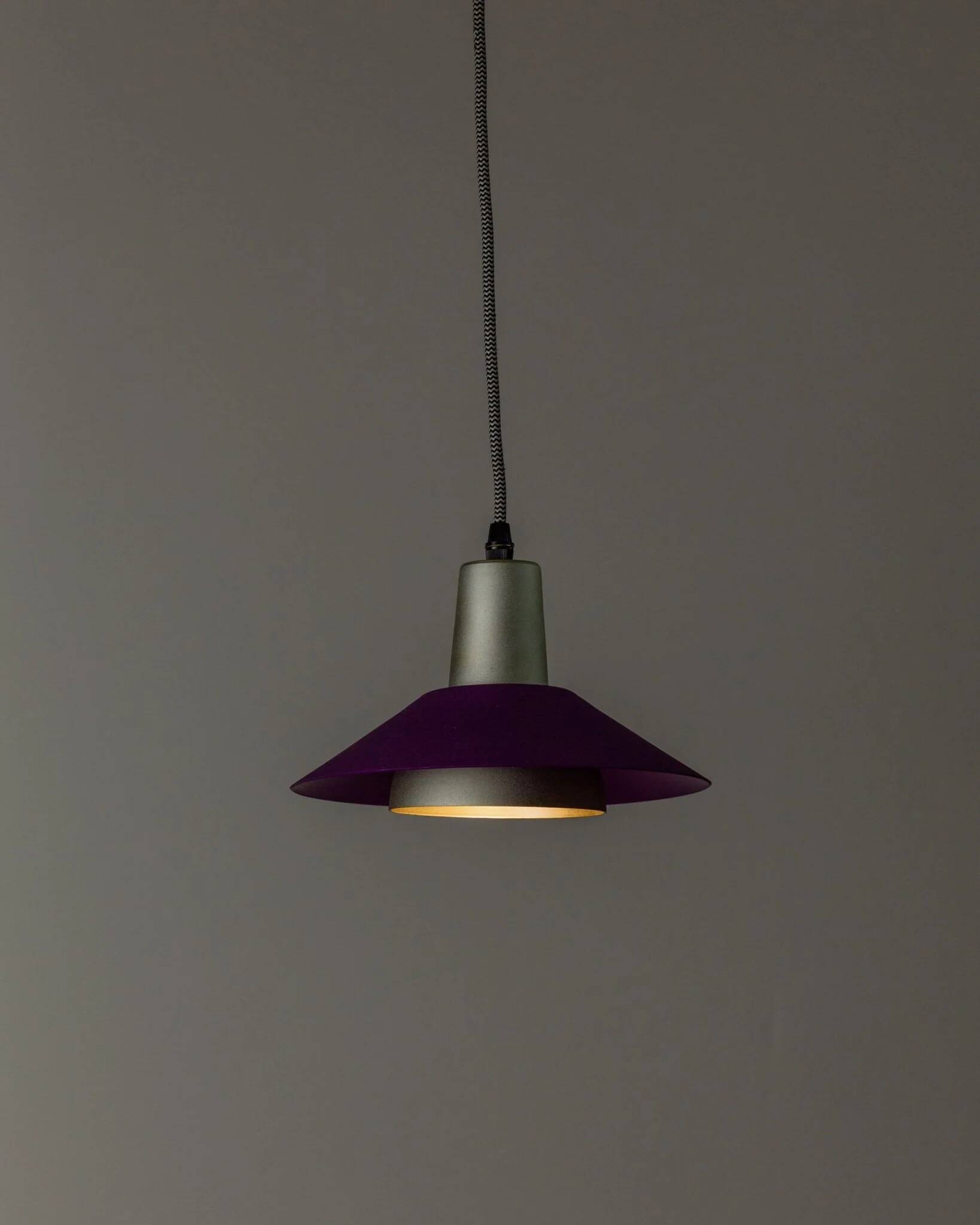 Metal retro pendant – postmodern Memphis style from the 1980s, purple, silver, green, striped cable, Pop Art interior, vintage light fixture