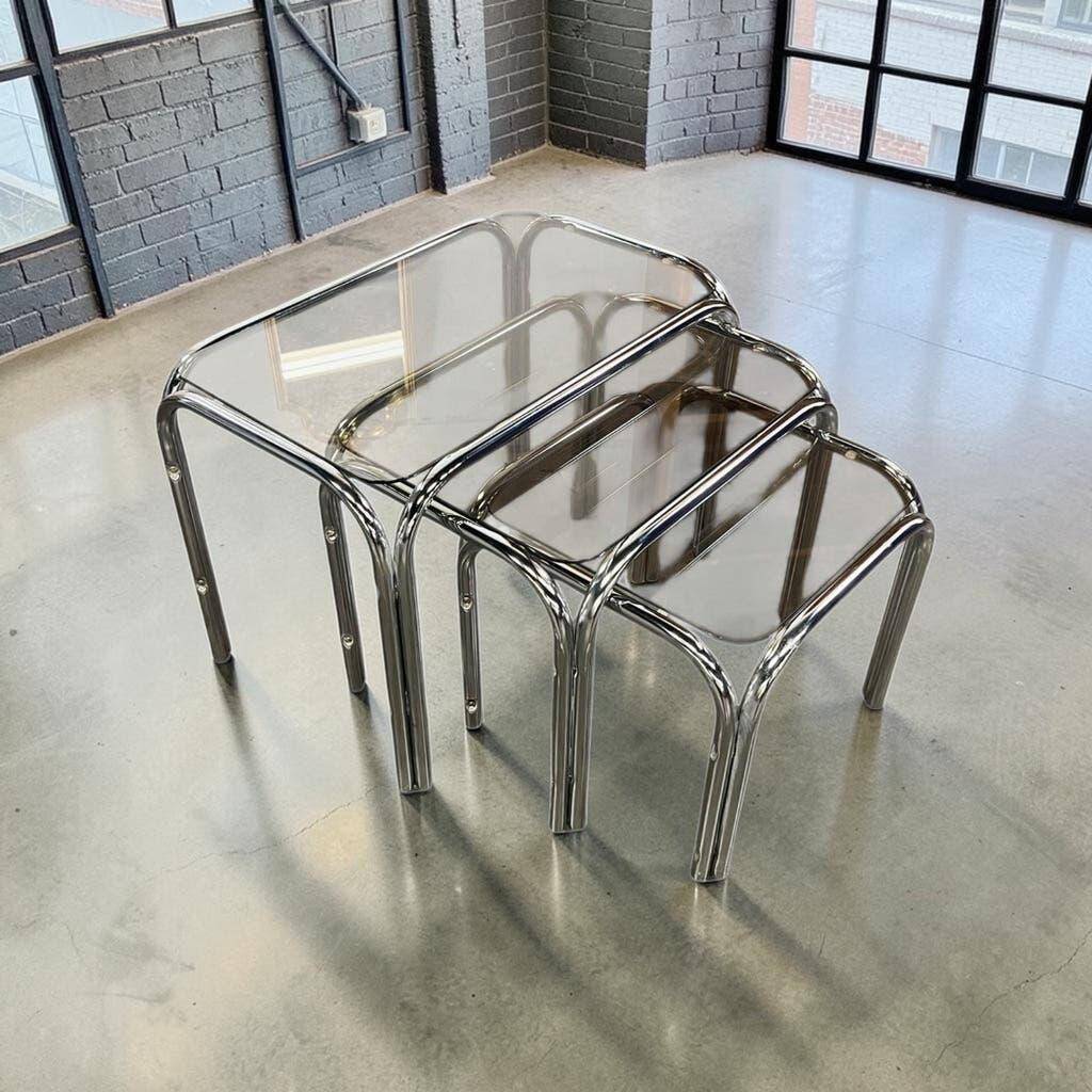 Set of 3 vintage chrome nesting tables / side tables.