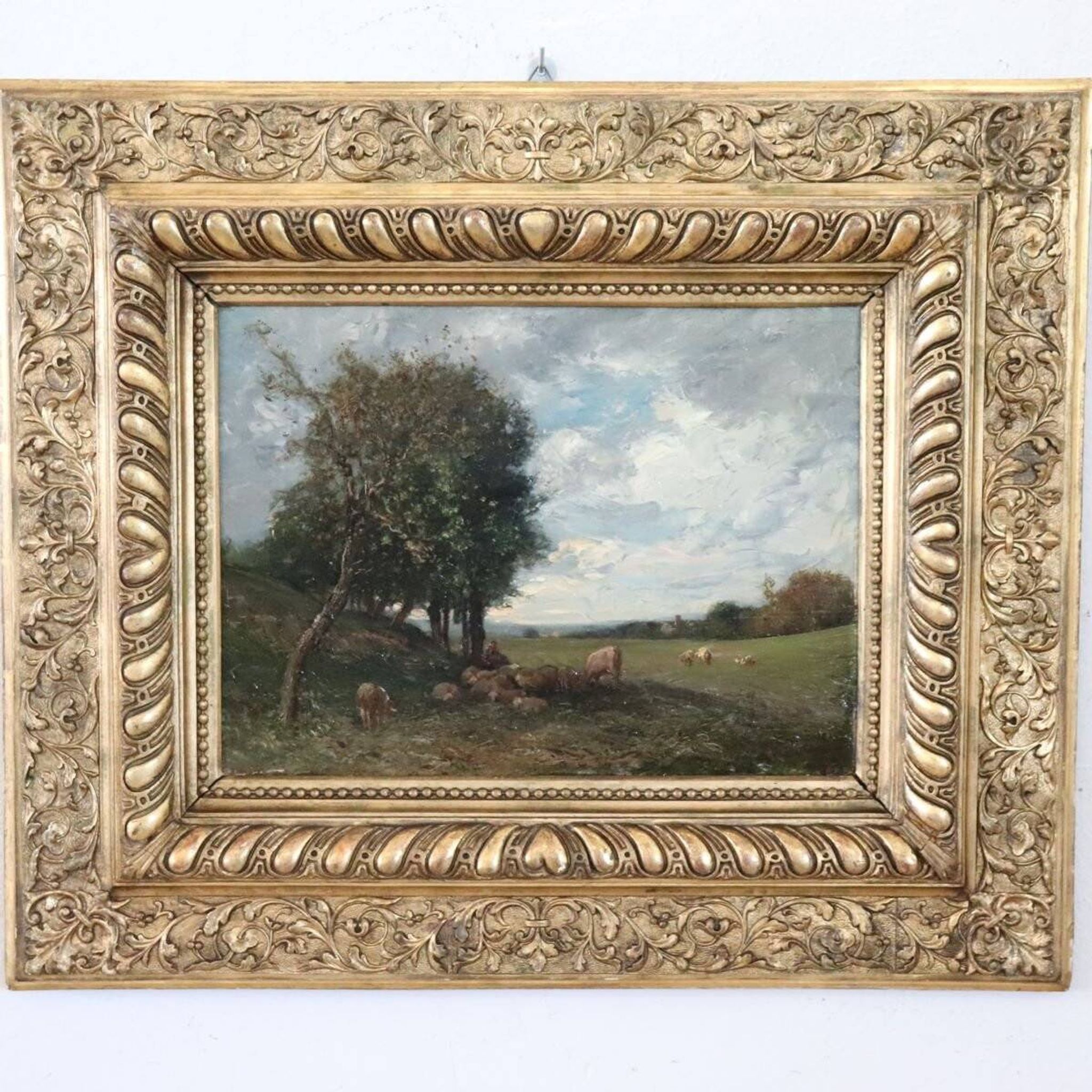 Oil Painting On Panel, Landscape With A Flock Of Sheep, Signed V. Bussolino, Italy, 19th Century