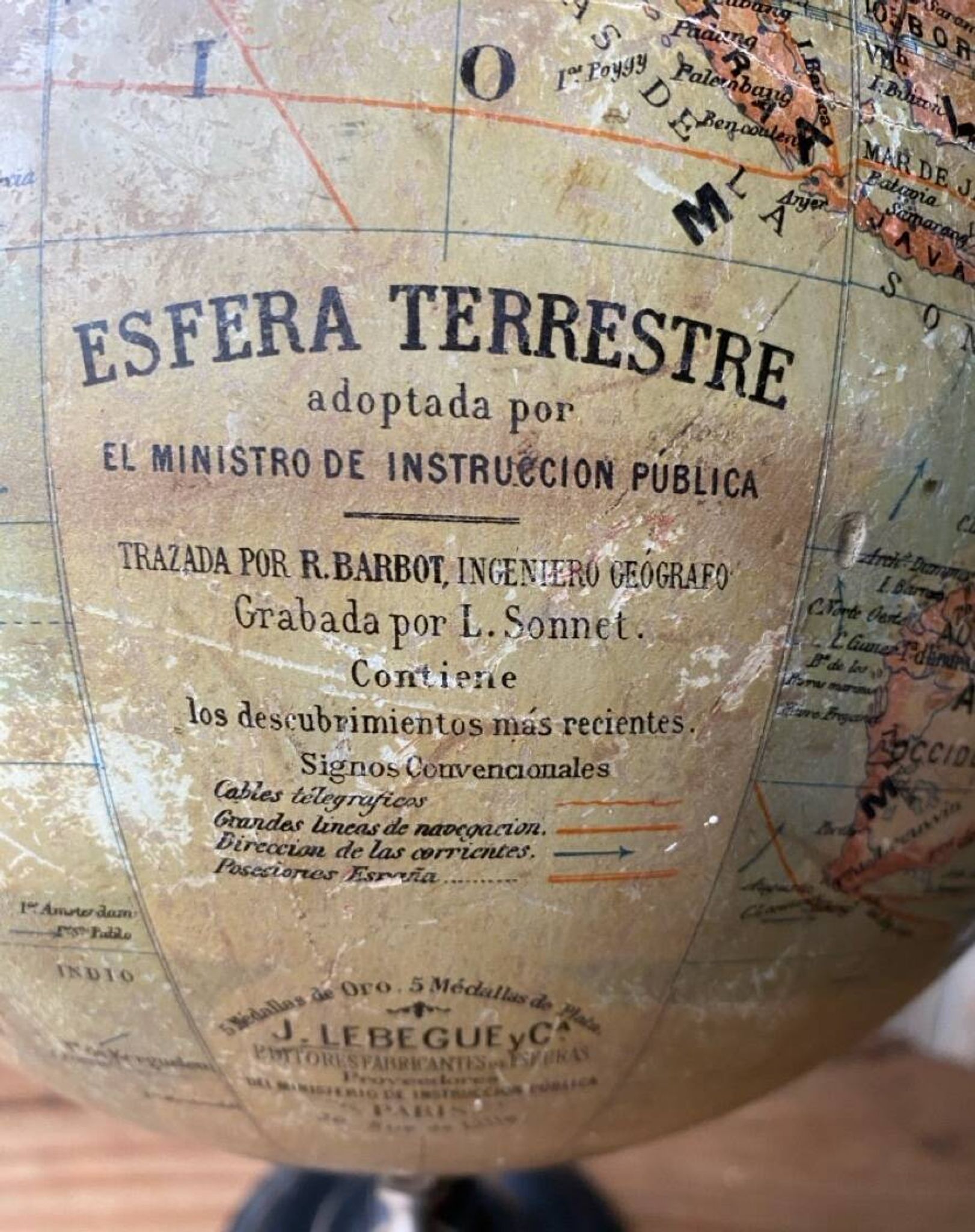 Ancien Globe Terrestre J. Lebègue & Cie, Paris — Environ 1885 / 1890 (Édition