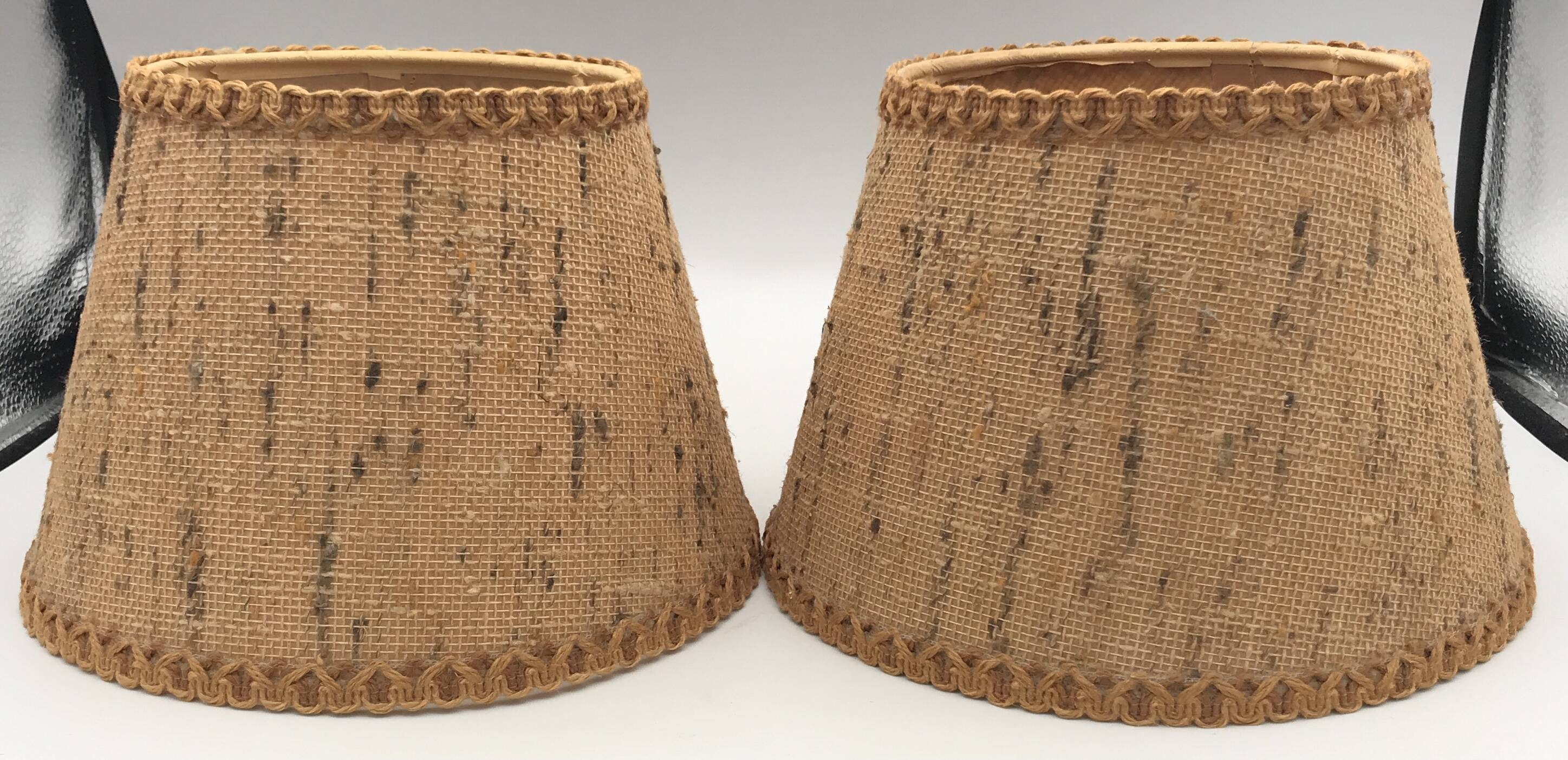 Pair of vintage burlap and braid lampshades