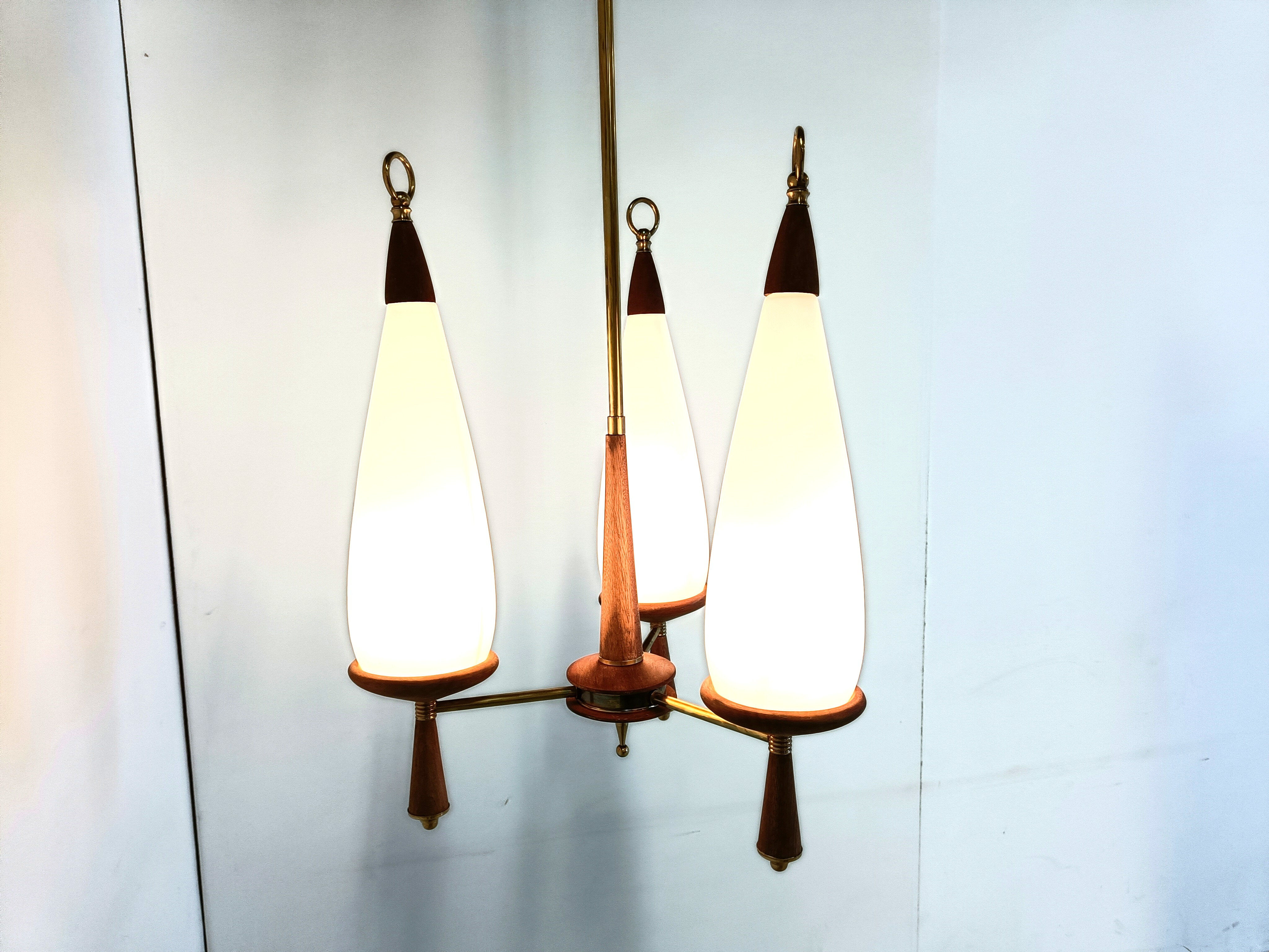 Vintage teak chandelier with white glass shades, 1960s