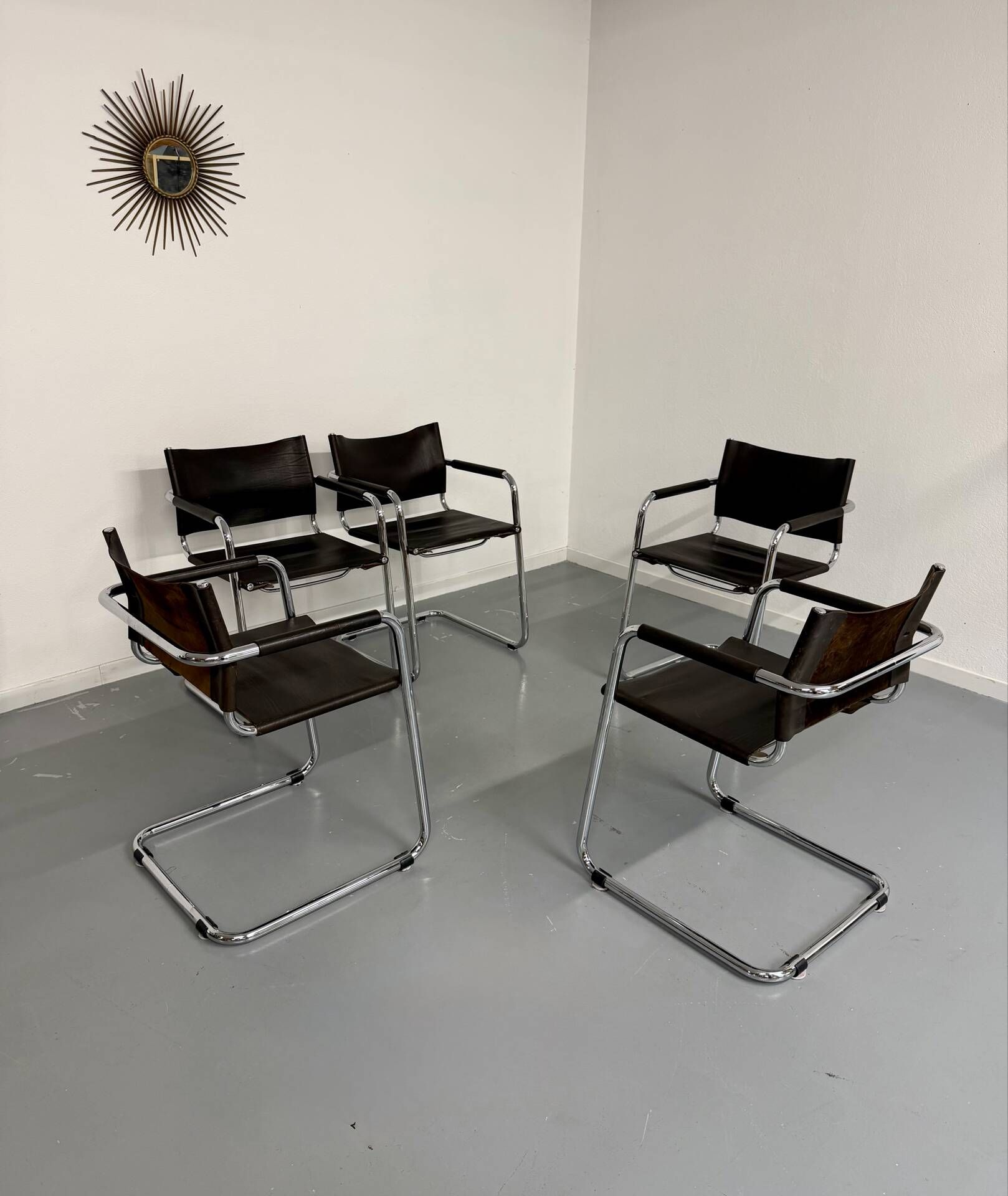 Lot of 5 tubular metal leather chairs designed by Mart Stam, Bauhaus, 1970s.