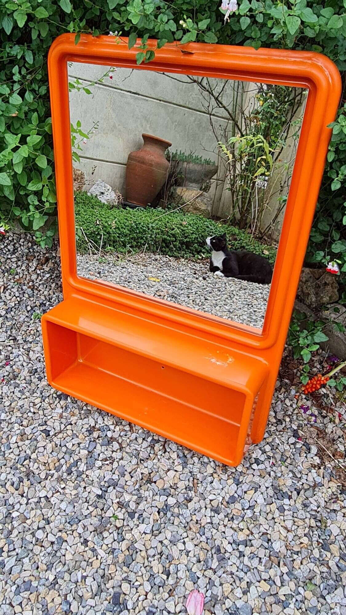 Vintage orange sixties molded plastic shelf mirror no shipping