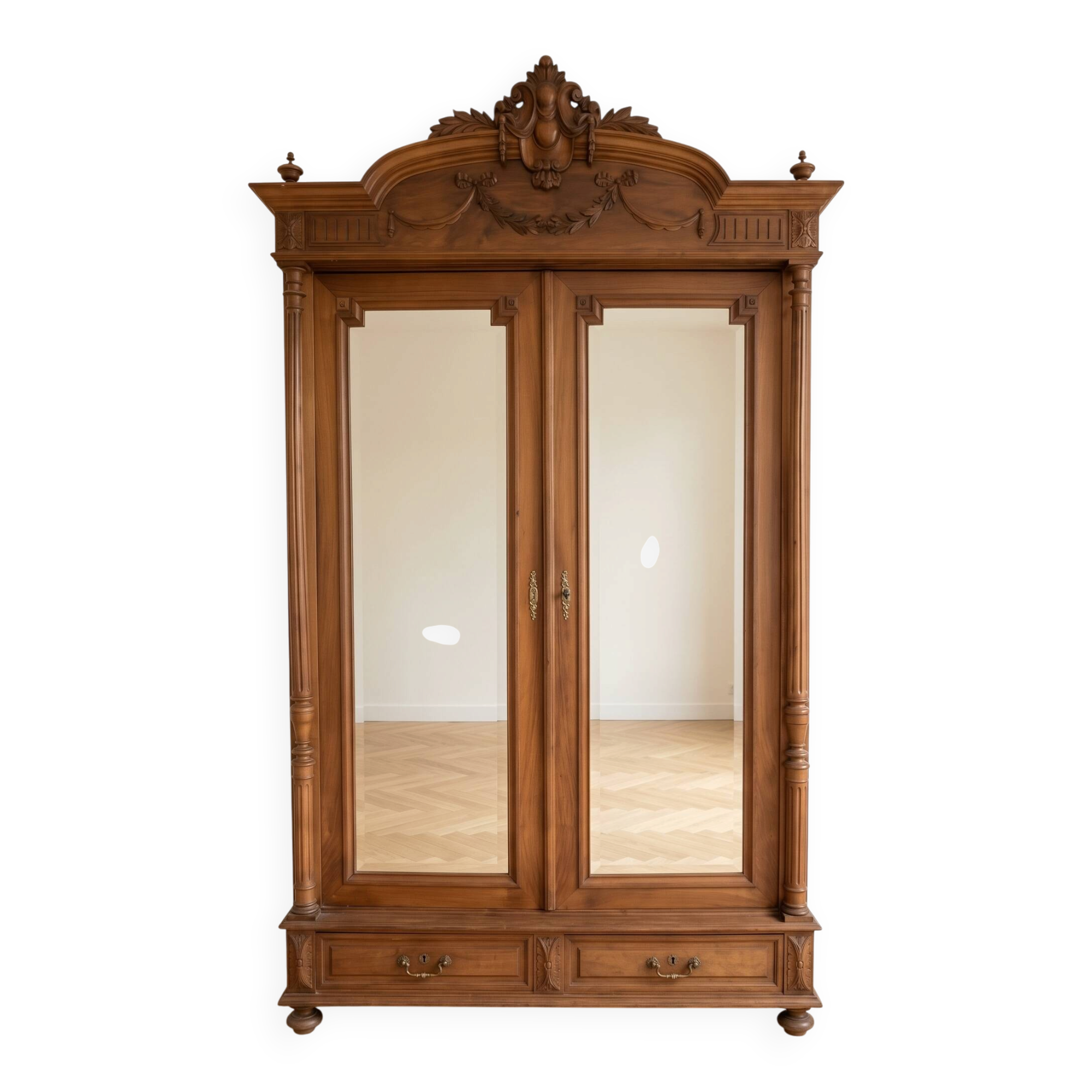 Antique solid wood wardrobe with mirror doors.
