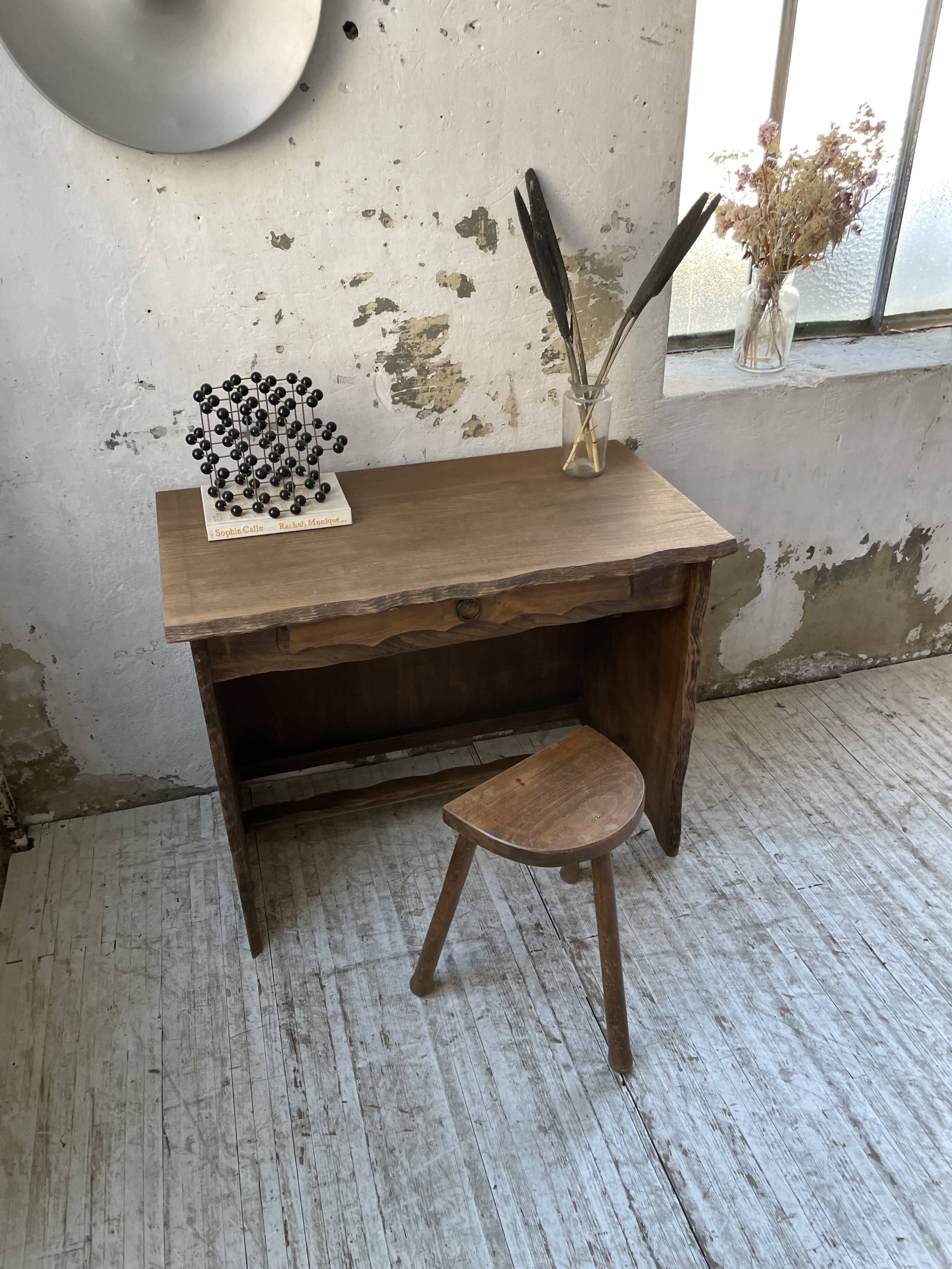 Brutalist desk in elm, signed Aranjou.