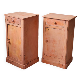 Pair of old orange-pink patinated bedside tables