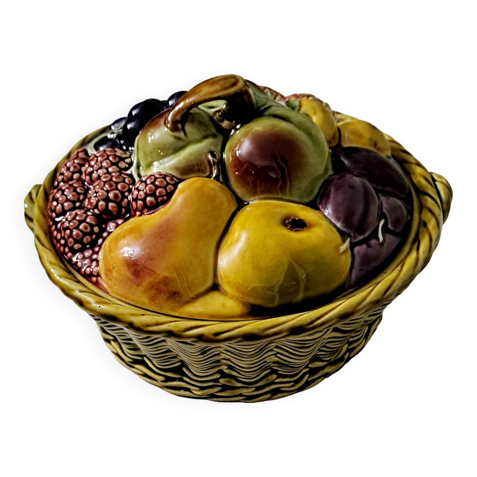 Sarreguemines Majolica slip lidded basket