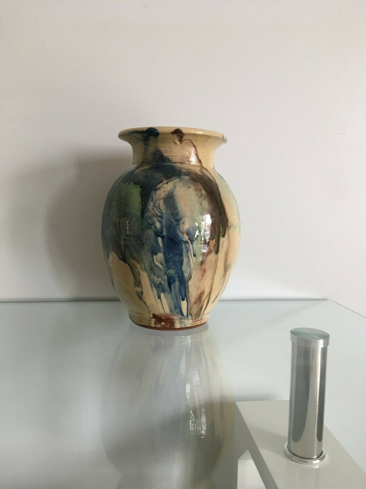 Incurvé signature enamelled terracotta flared neck vase