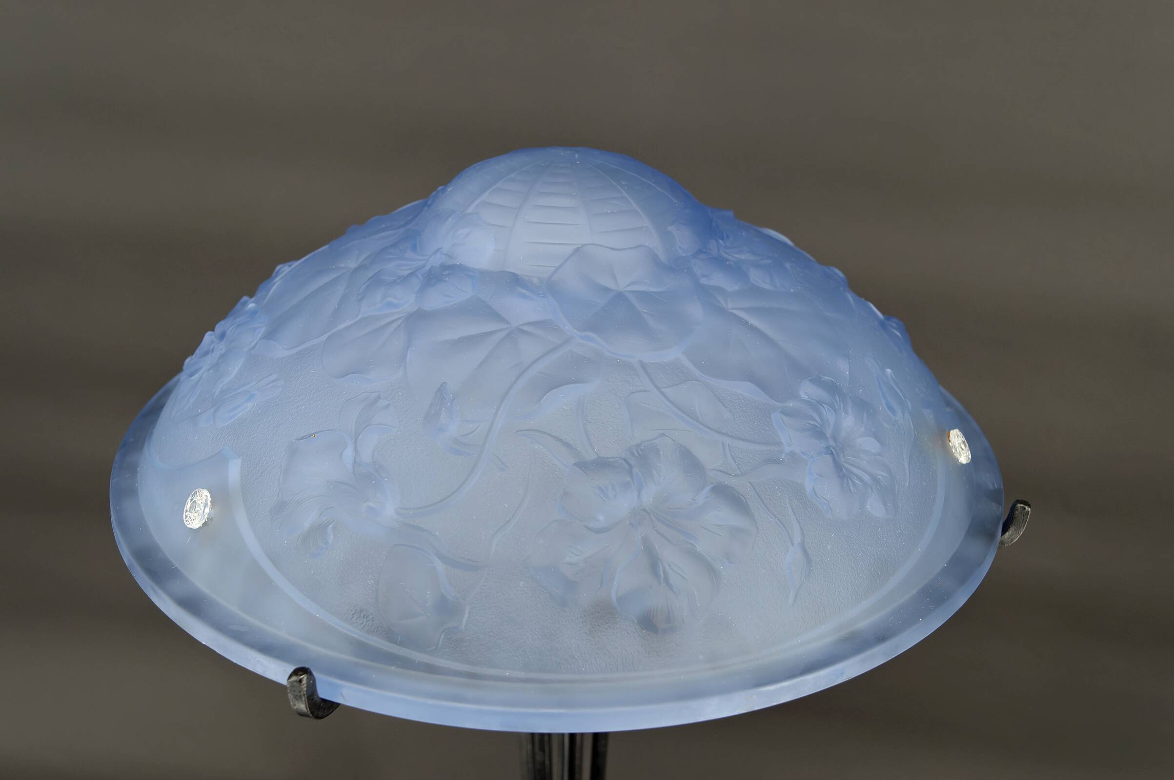 Wrought iron lamp and blue glass lampshade with clematis, France, Art Deco, circa 1920