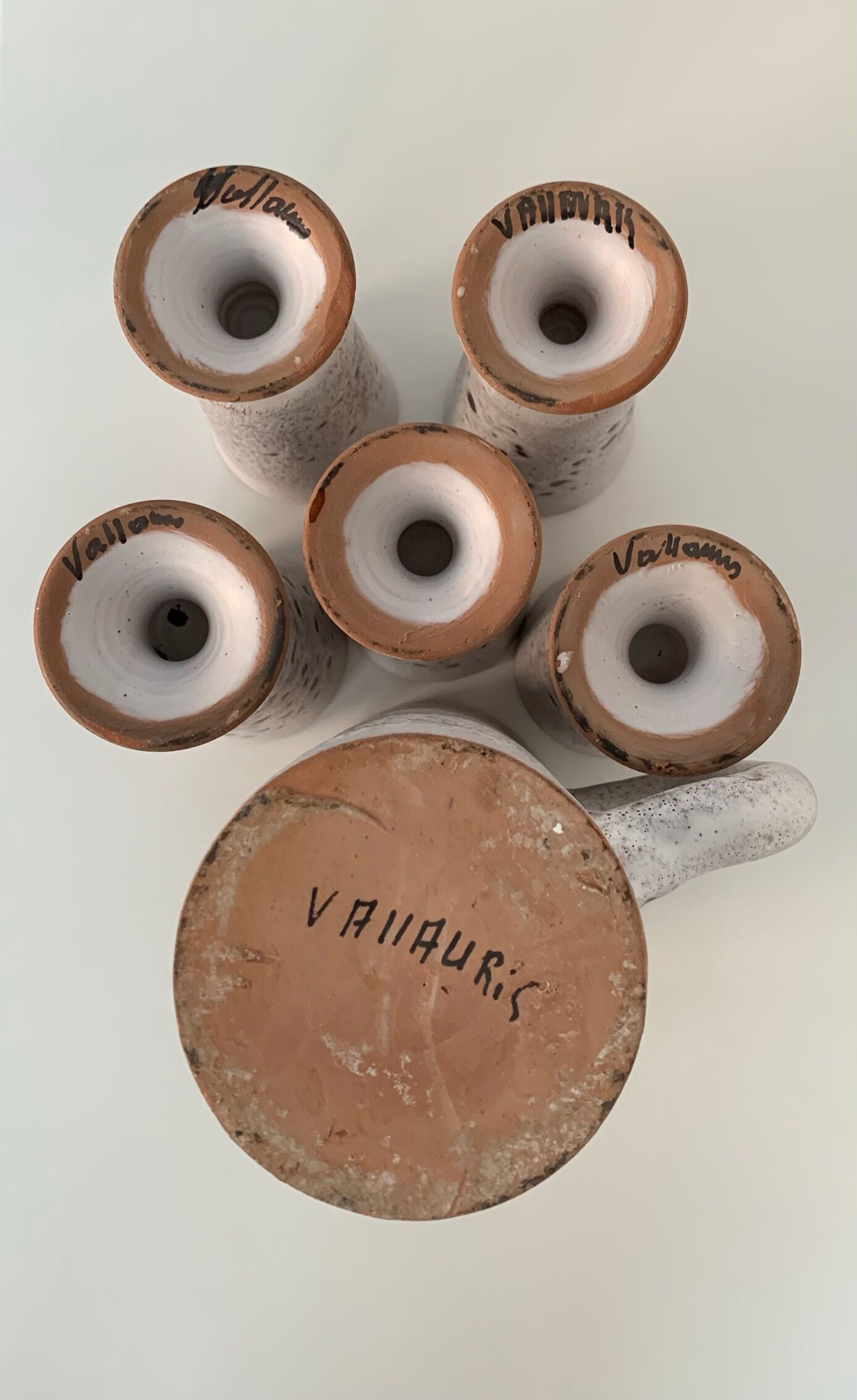 Pitcher and 5 ceramic mazagrans from Vallauris