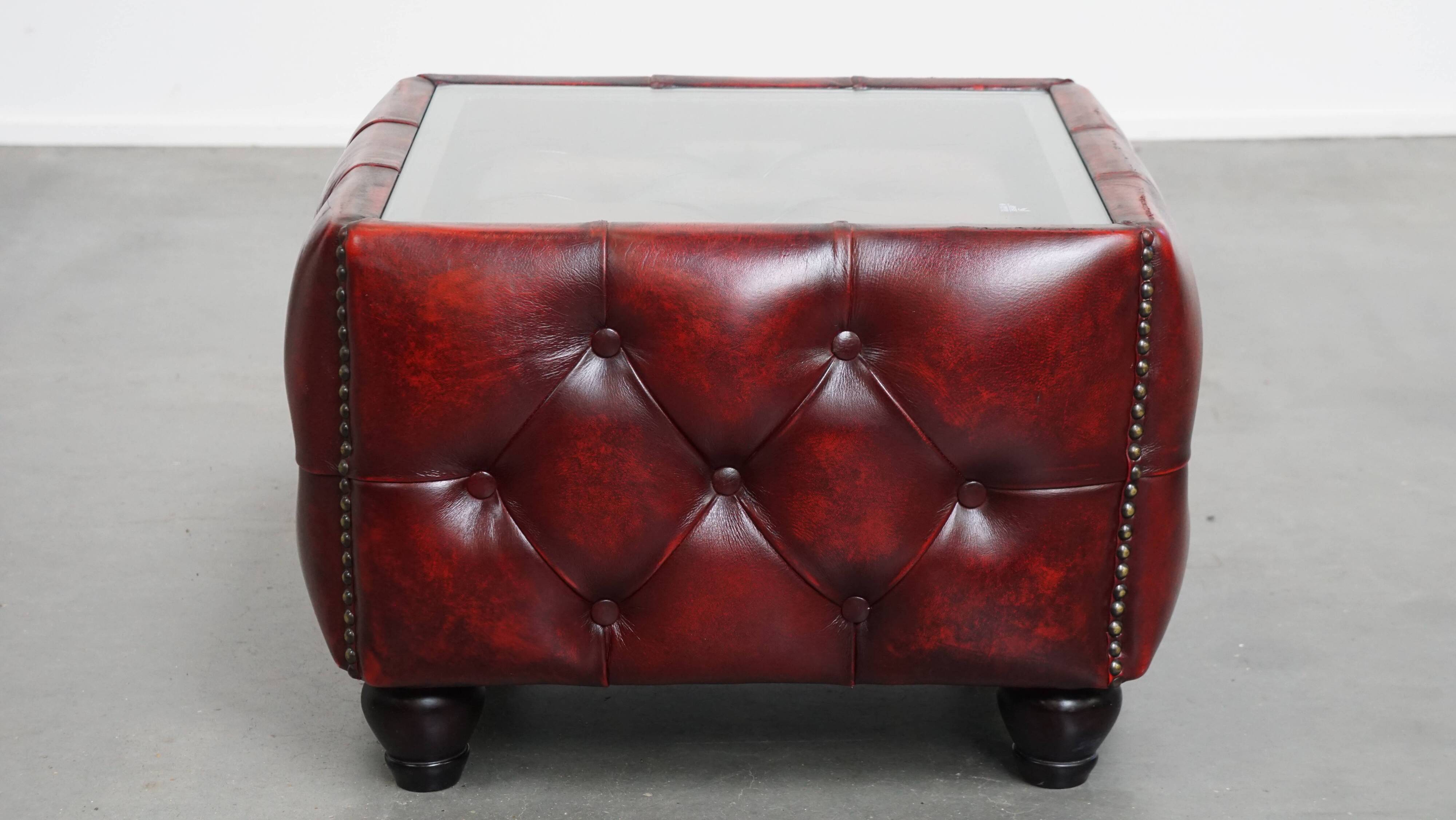 Red Cowhide Leather Chesterfield Side Table with Glass Top