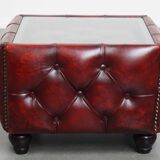 Red Cowhide Leather Chesterfield Side Table with Glass Top