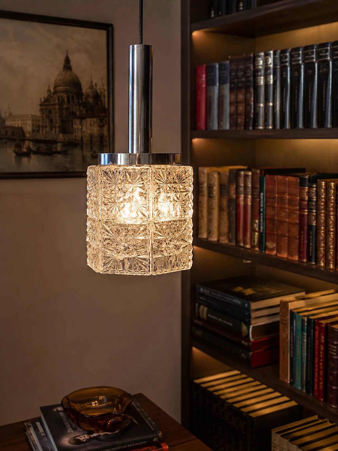 Vintage 1960s ceiling lamp, Venice, Crystal/steel
