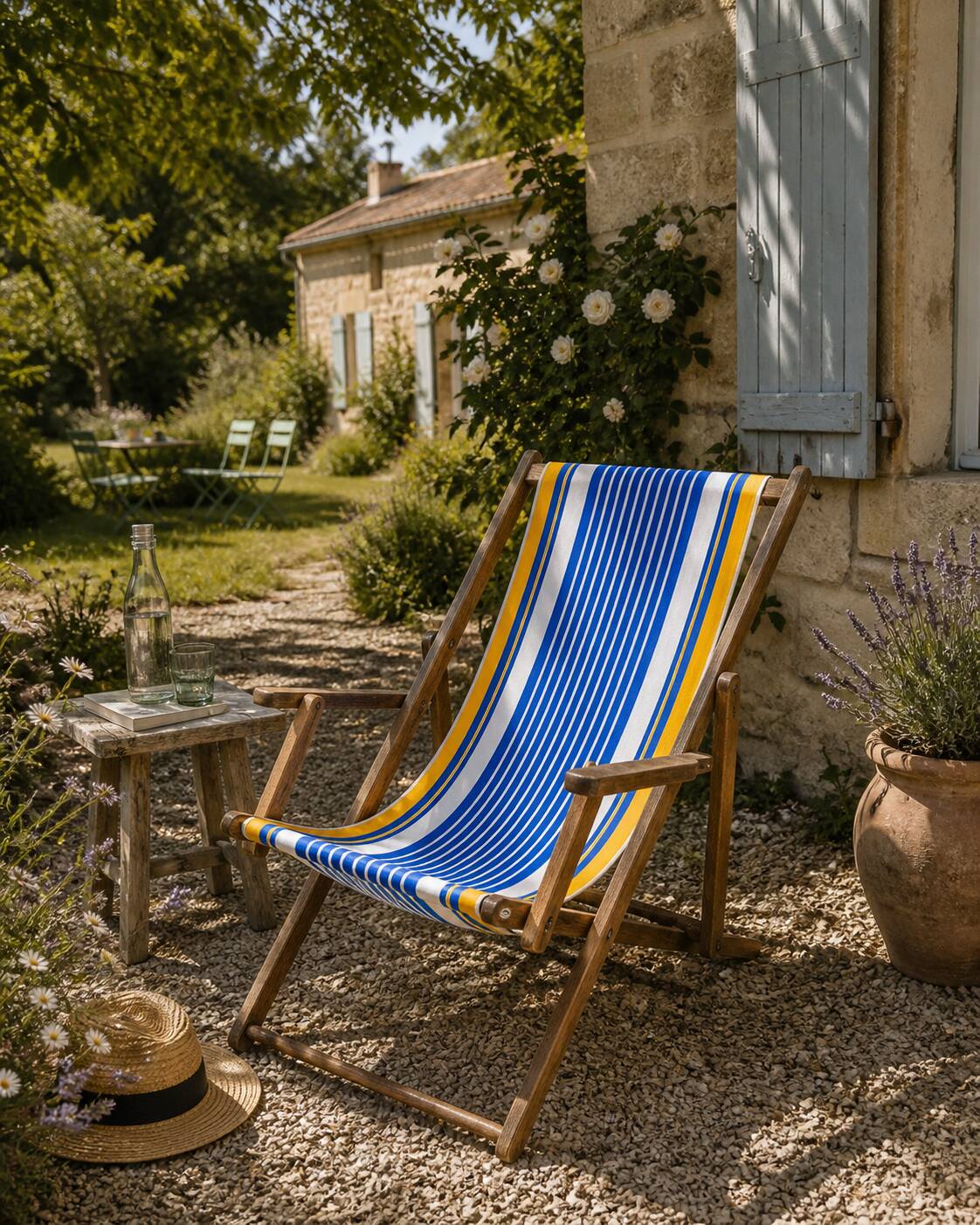 Vintage deck chair with blue and yellow striped fabric, original patina.